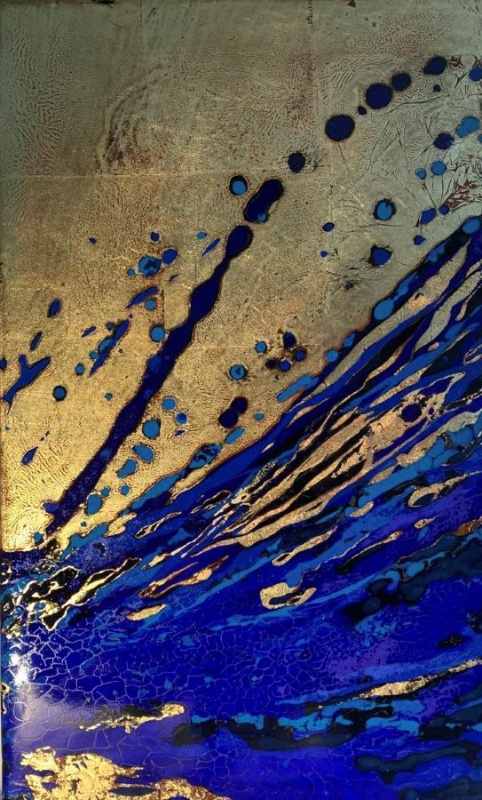 Tableau-laque-bleu-or-brillant-le-bruit-de-l-eau